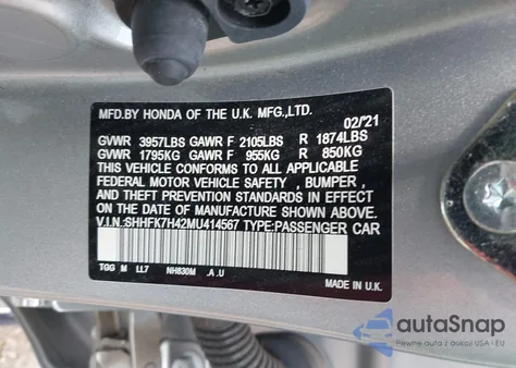 2021 Honda Civic Sport z USA, uszkodzony, nr VIN SHHFK7H42MU414567